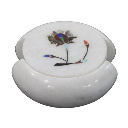 Antique Flower Design Inlay Round Marble Coaster Set