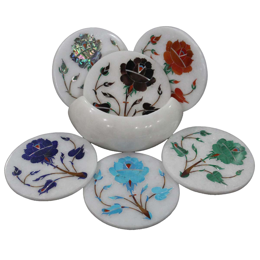 Round White Marble Coaster Set Inlaid Flower Pietra Dura Art Artefactindia