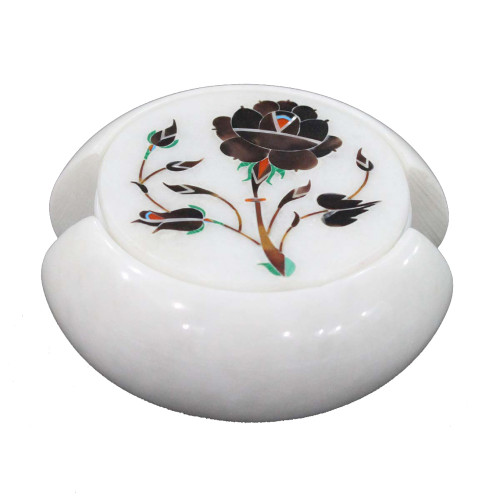 Round White Marble Coaster Set Inlaid Flower Pietra Dura Art