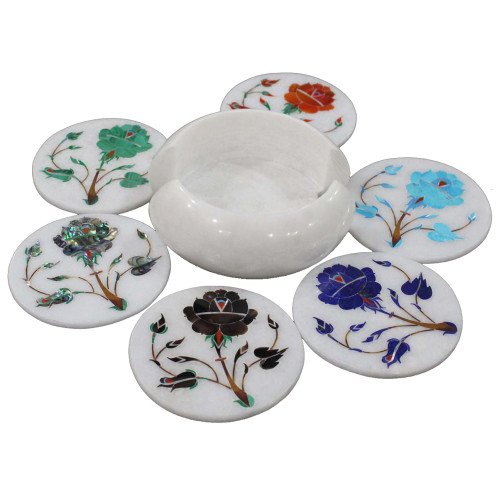 Round White Marble Coaster Set Inlaid Flower Pietra Dura Art