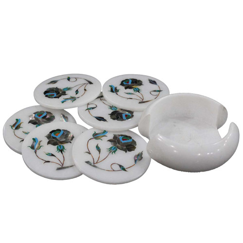 Round Marble Coaster Sets Inlaid Mother of Pearl Gemstone