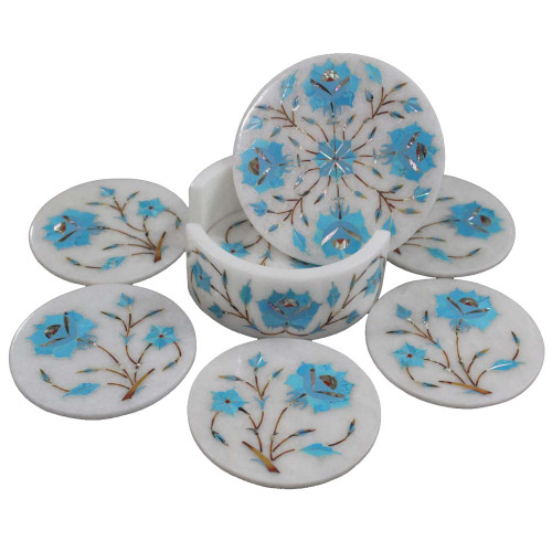 Turquoise Gemstone Inlaid White Marble Coaster Set