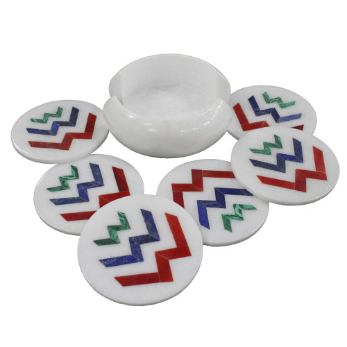 Strong Gemstones Inlaid Round Marble Cool Drink Coaster Set