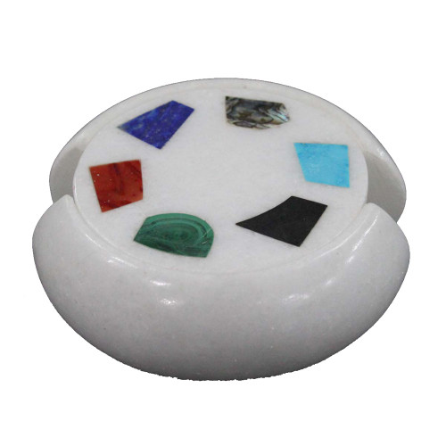 White Marble Coaster Set Inlaid Strong Gemstone