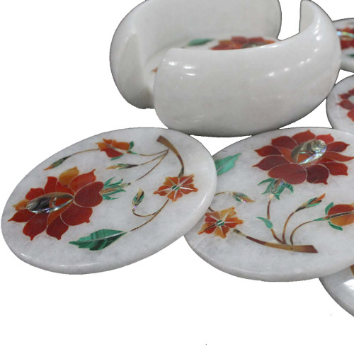 Carnelian Gemstone Inlaid Round White Marble Coaster Set