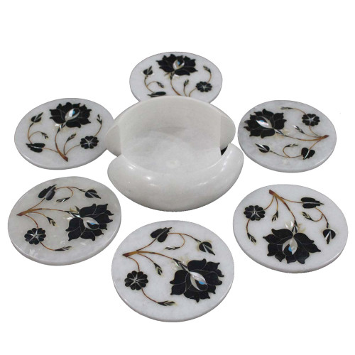Home Decorative Round White Marble Coaster Inlay Black Onyx