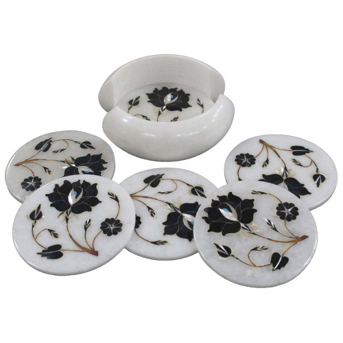 Home Decorative Round White Marble Coaster Inlay Black Onyx