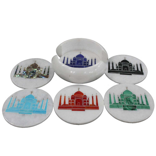 Taj Mahal Pietra Dura Work Inlay White Marble Coaster Set