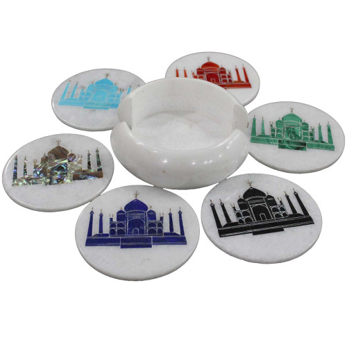 Taj Mahal Pietra Dura Work Inlay White Marble Coaster Set