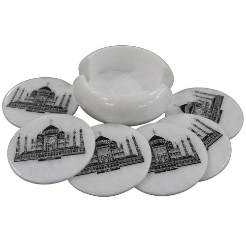 White Marble Beverage Coaster Inlaid Taj Mahal Art Design