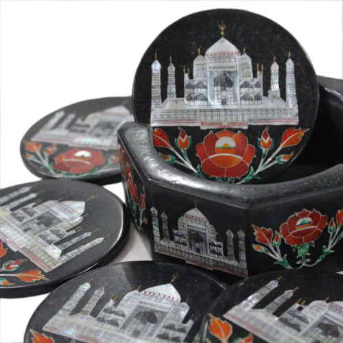 Round Black Marble Coaster Inlaid Taj Mahal Mosaic Art Work