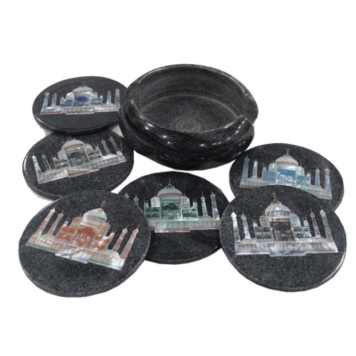 Unique Taj Mahal Inlaid Black Marble Tea Coaster Set