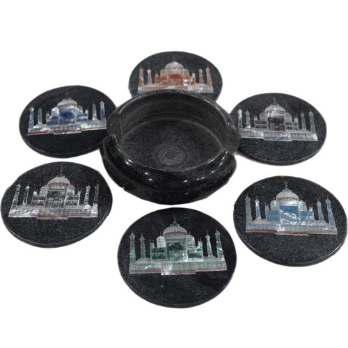 Unique Taj Mahal Inlaid Black Marble Tea Coaster Set