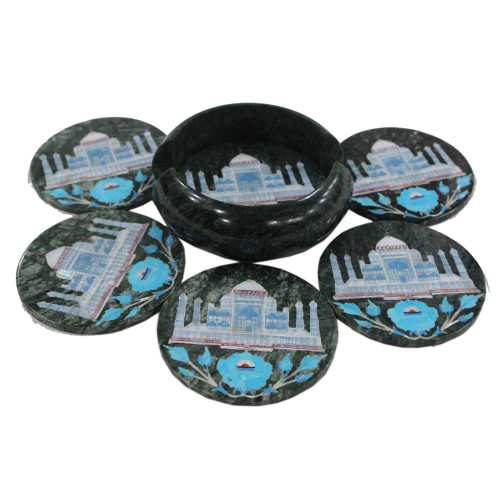 Turquoise Gemstone Inlaid Round Black Marble Coaster Set