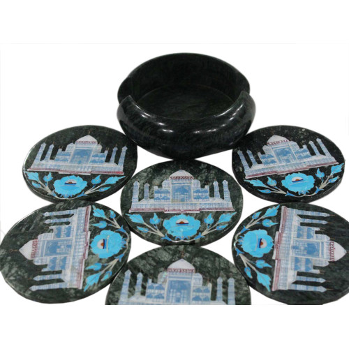 Turquoise Gemstone Inlaid Round Black Marble Coaster Set