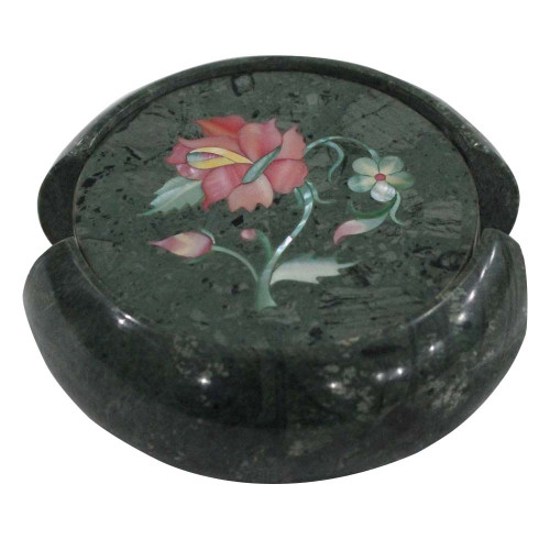 Round Green Marble Coaster Inlaid Flower Marquetry Art