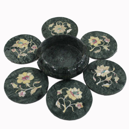 Semiprecious Gemstones Inlaid Green Marble Tea Coaster Set