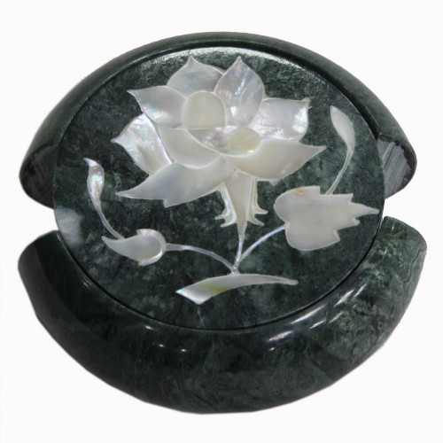 Green Marble Tea Coaster Set Inlaid Flower Marquetry Art