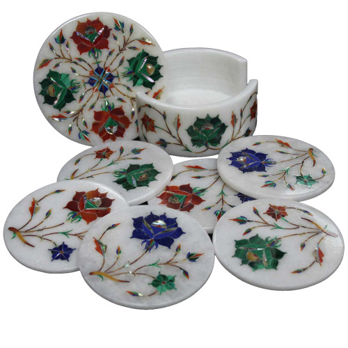 Round White Marble Coasters With Holder Inlaid Semiprecious Stones