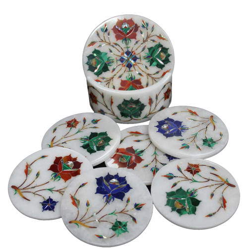 Round White Marble Coasters With Holder Inlaid Semiprecious Stones