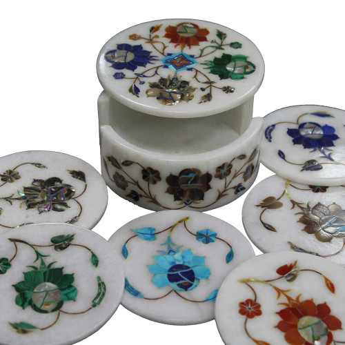 Antique Round Marble Coasters Inlaid Flower Marquetry Art Work