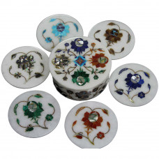 Antique Round Marble Coasters Inlaid Flower Marquetry Art Work