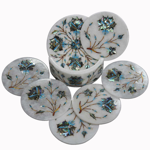 Round White Marble Cool Drink Coasters Inlaid Paua Gemstone