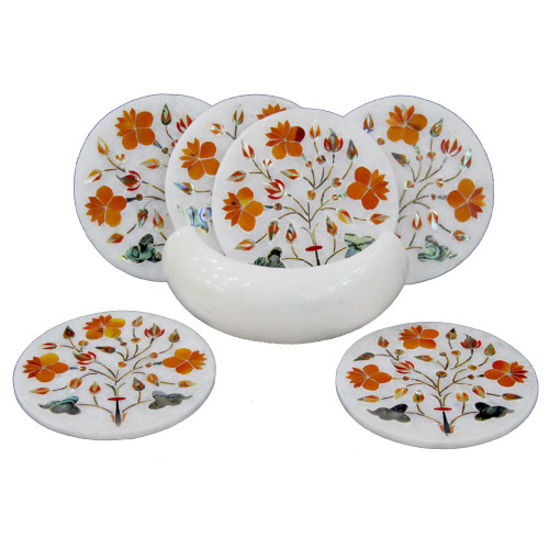Vintage White Marble Coaster Set Inlaid Semi Precious Stones