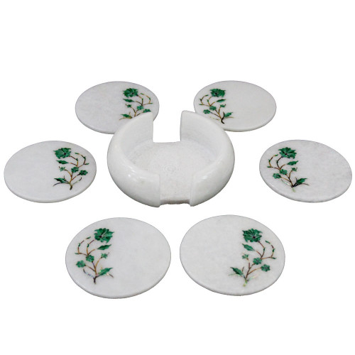 White Marble Tea Cup Coaster Set Inlaid Malachite Gemstone