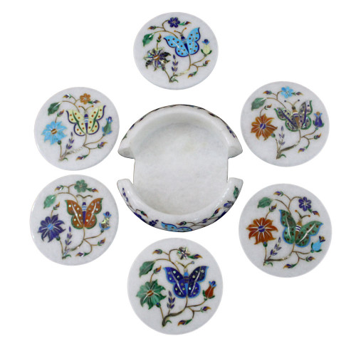 White Marble Inlay Coffee Coaster Set For Home Decoration