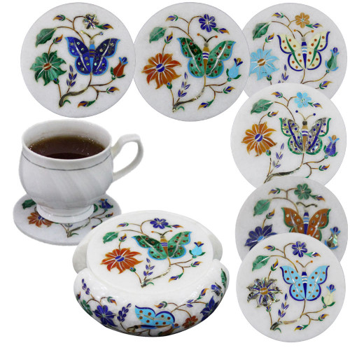 White Marble Inlay Coffee Coaster Set For Home Decoration