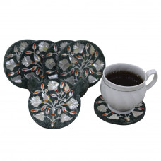 Tea Coaster Set Green Marble Inlay Home Basics Six Pieces Pietra Dura Art