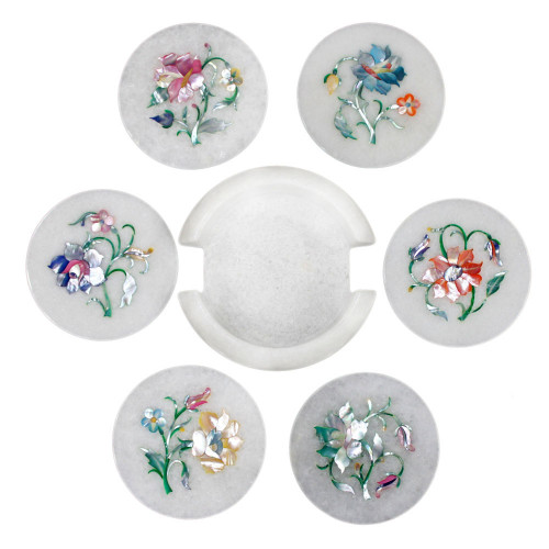 Vintage White Marble Stone Art Kitchen Coaster Set 