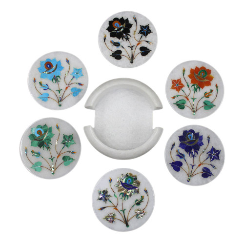 Round Marble Inlay Tea Coaster Set Serving For Guests