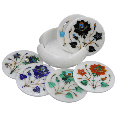 Round Marble Inlay Tea Coaster Set Serving For Guests