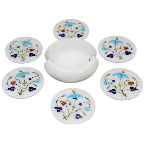 Handmade Handicraft Round White Marble Inlay Coasters