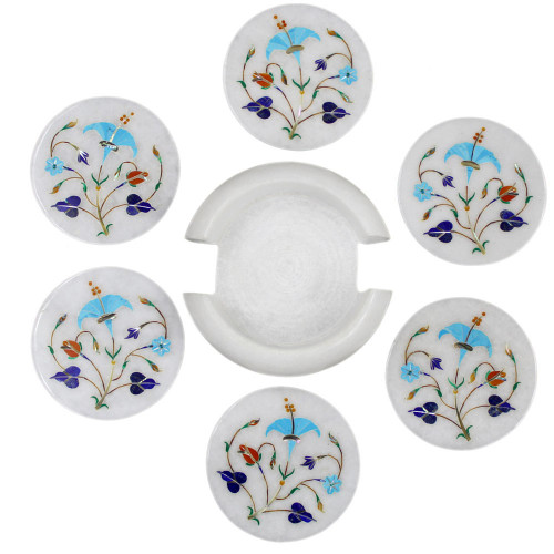 Handmade Handicraft Round White Marble Inlay Coasters