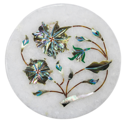 Round White Marble Coaster Set Inlaid Paua Shell