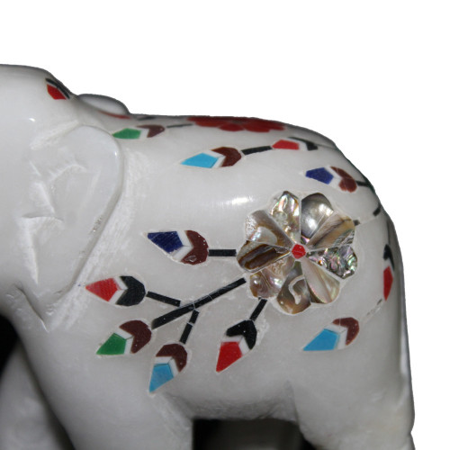 3" Inch White Marble Elephant Inlaid Mother of Pearl Shell