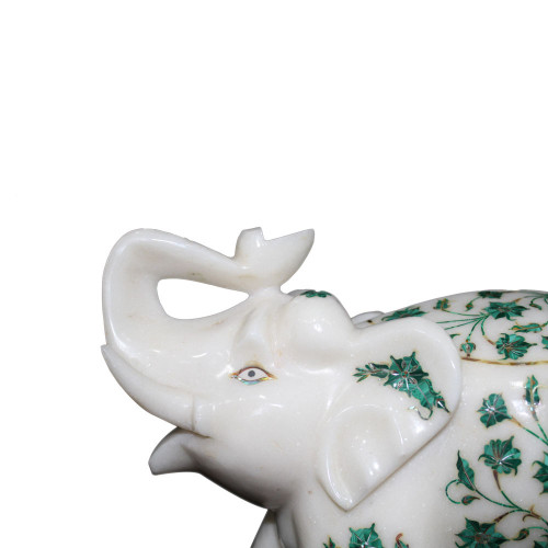 Handicrafts Paradise Floral Decorative White Marble Elephant Inlaid Semi Precious Stones