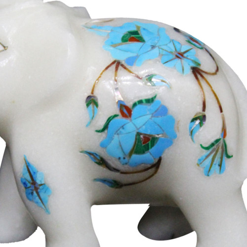 Vintage White Inlay Marble Elephant Pietra Dura Turquoise Gemstone