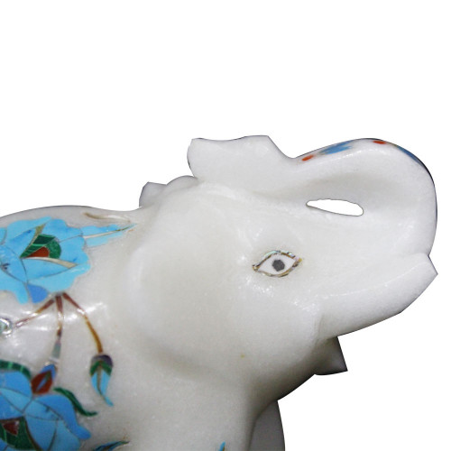 Vintage White Inlay Marble Elephant Pietra Dura Turquoise Gemstone