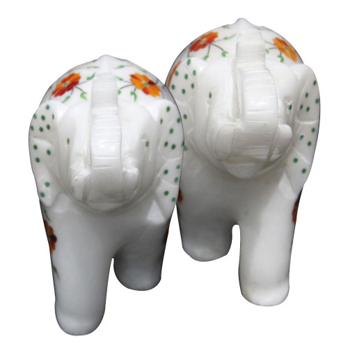 Beautiful Alabaster Elephant Pair Inlaid Carnelian Gemstone