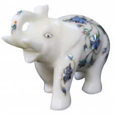 Antique White Marble Elephant Sculpture Inlaid Paua Shell