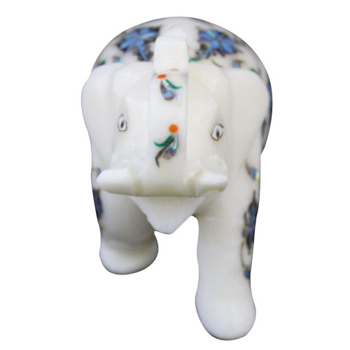 Antique White Marble Elephant Sculpture Inlaid Paua Shell