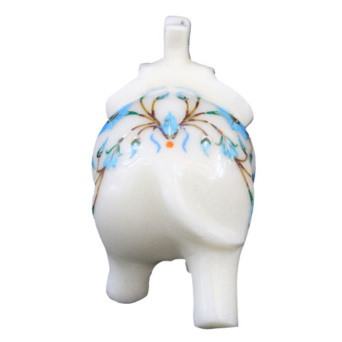 3" Inch White Marble Elephant Figurine Inlaid Turquoise Gemstone