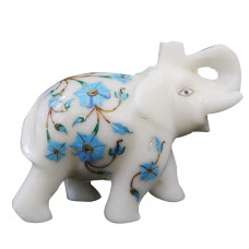 3" Inch White Marble Elephant Figurine Inlaid Turquoise Gemstone