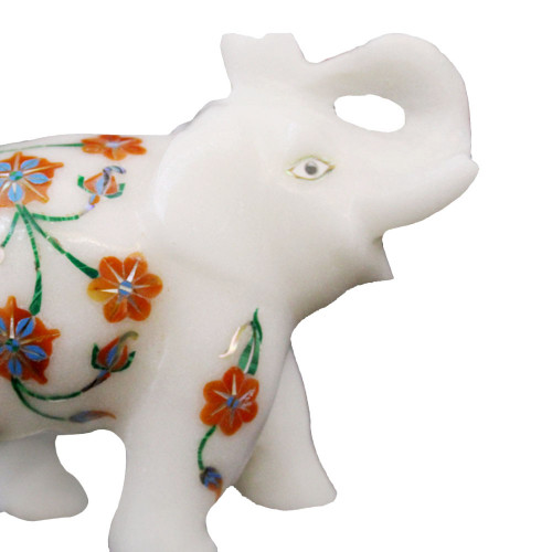 White Marble Inlay Elephant Figurine For Home Decor