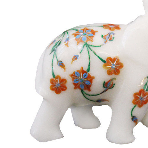 White Marble Inlay Elephant Figurine For Home Decor
