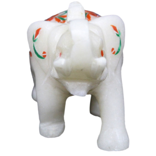 Elephant Figurine White Marble Inlaid Carnelian And Malachite Gemstones